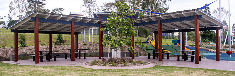 Outdoor Structures Australia - Custom design showing three modified Lindsay series park shelters